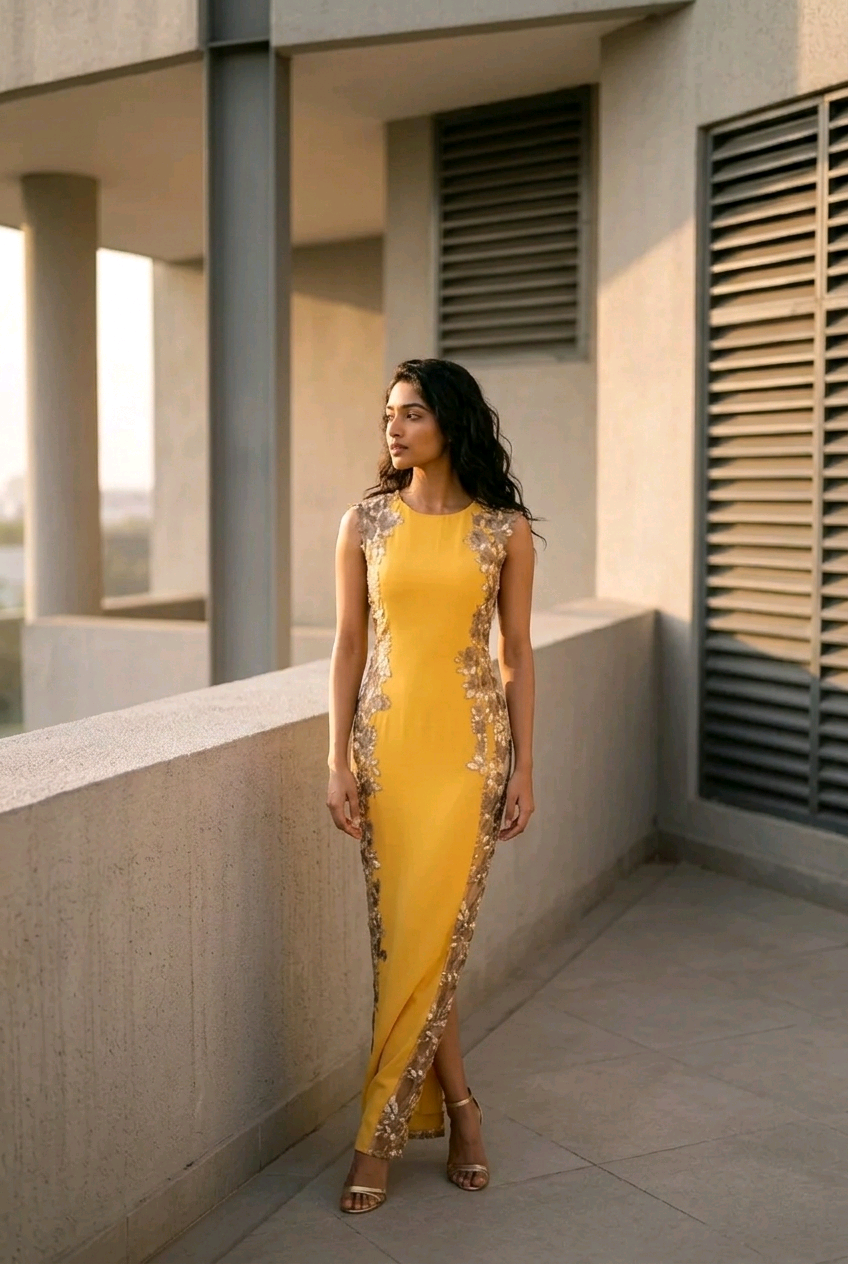 Rochie galbena cu laterale transparente