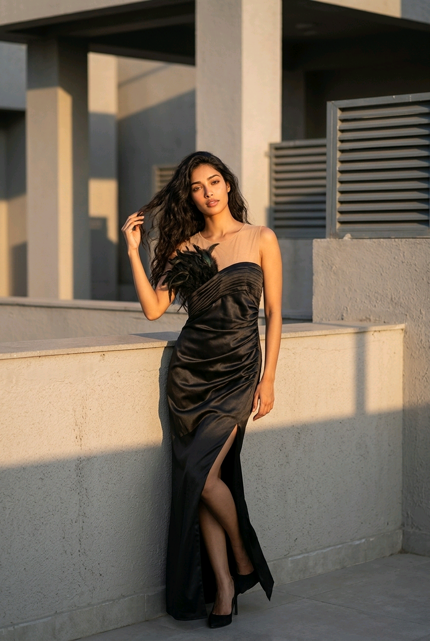 Rochie neafra cu pene accesorizata