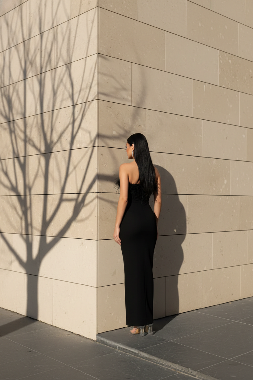 Rochie eleganta lunga cu pene Freya